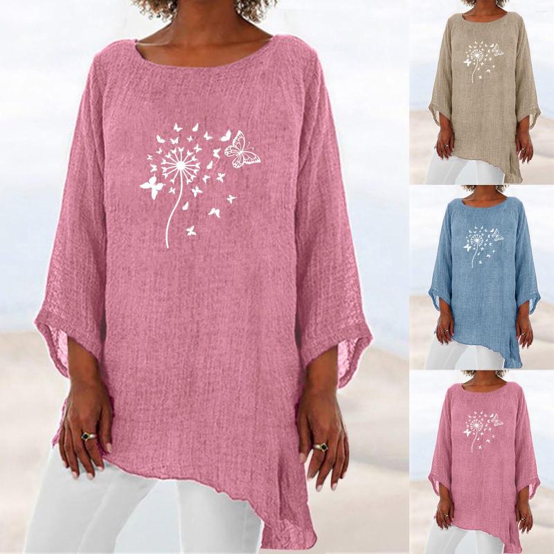 

Women's Blouses Women Spring And Summer Simple Solid Color Round Neck Butterfly Dandelion Print Three Quarter Sleeve Cotton Linen Top, Khaki