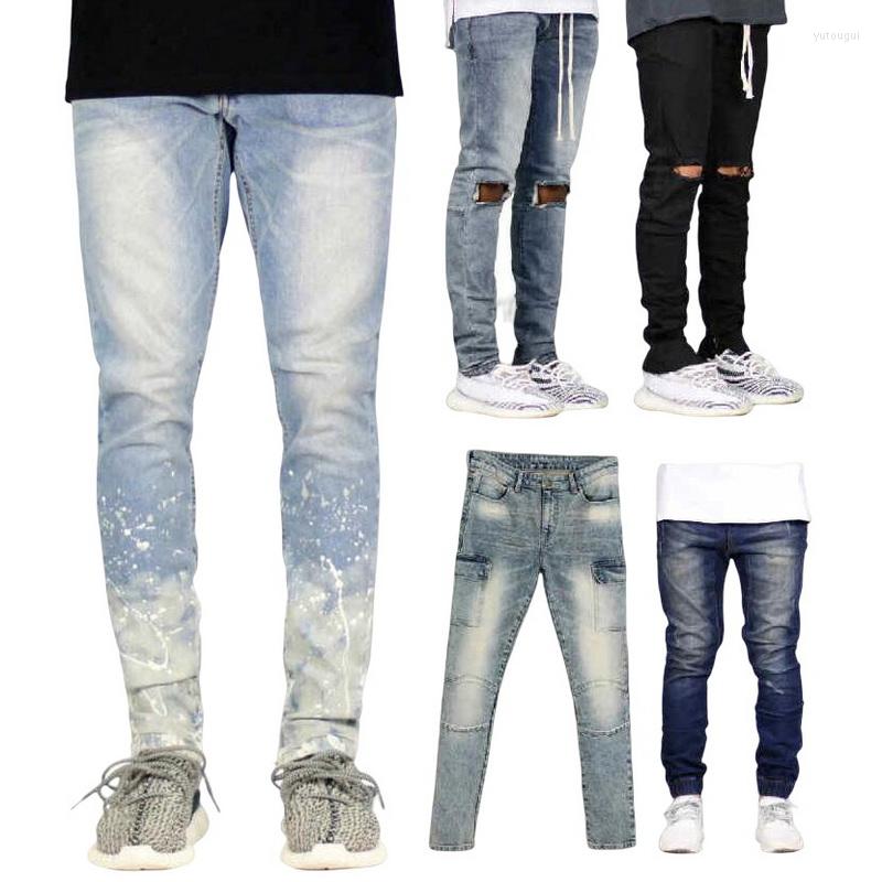 

Men's Jeans High Street Big Hole Tight Graffiti Skinny Pants Camouflage Calf Trousers Young Men's Elastic, Ds05 blue