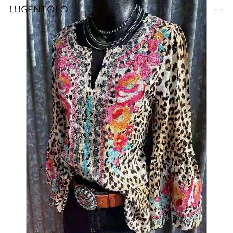 

Women' Blouses Leopard Womens Vintage Print Flare Sleeve V-neck Loosw Tops 2023 Summer Shirts Lugentolo