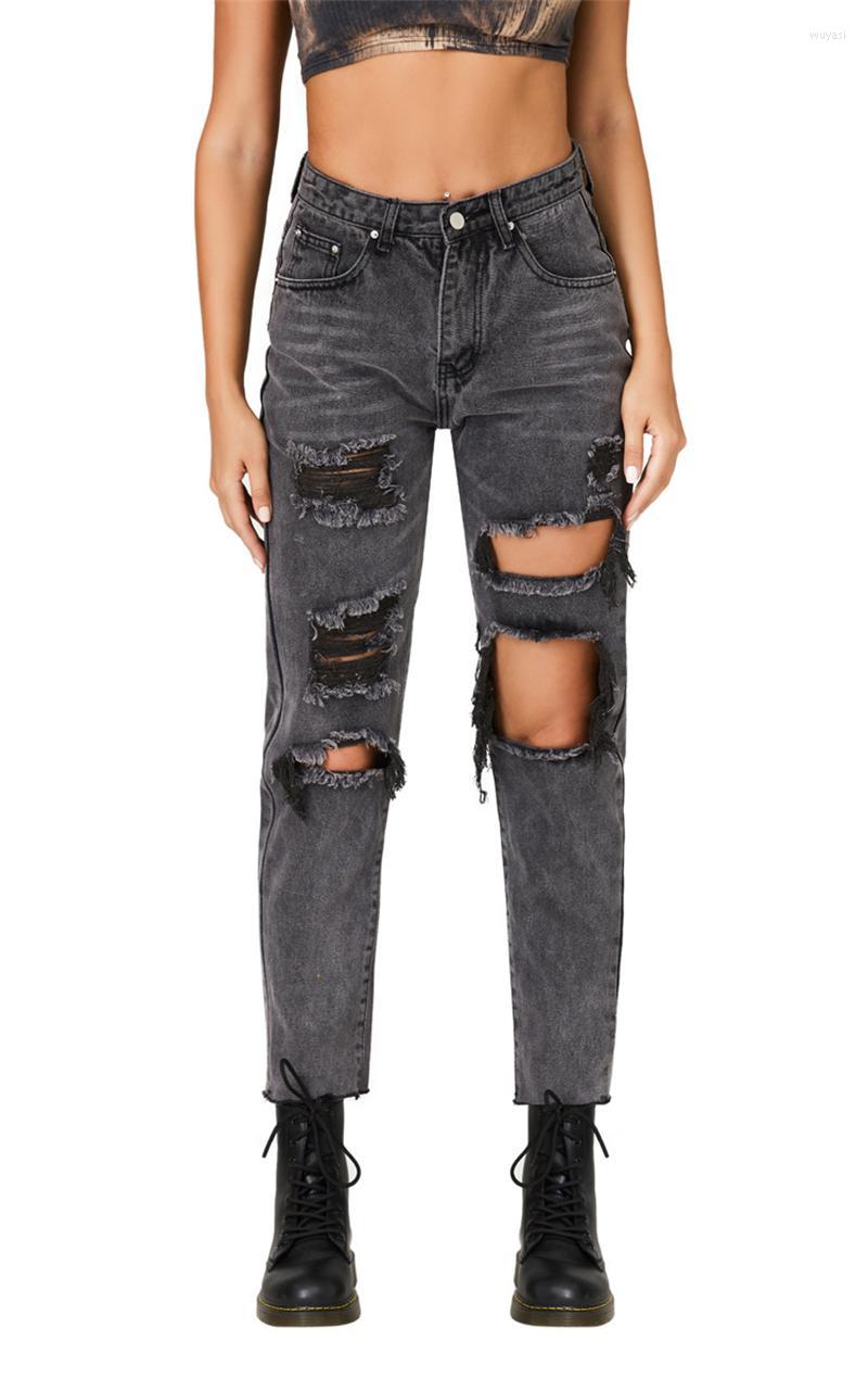 

Women's Jeans Spring And Autumn Ladies Grey Versatile Casual Street Ripped Straight Pants, Dark grey