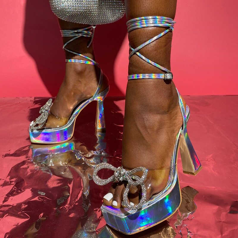 

Rhinestones Butterfly Knot High Heels Sandals for Ladies Fashion Cross Tied Square Toe Female Casual Outdoor Women Pumps Shoes 0316, Green