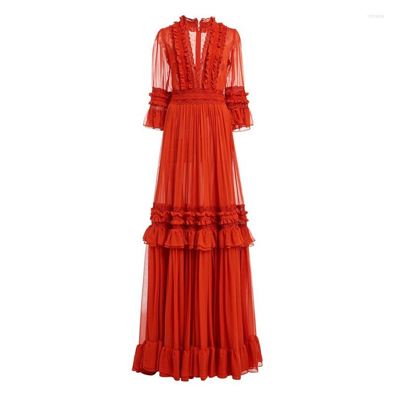 

Casual Dresses -XL High Quality 2023 Fall Complex Customization Pure Color Chiffon Fabric Lace V-neck Slim Exquisite Banquet Woman Dress, Orange red