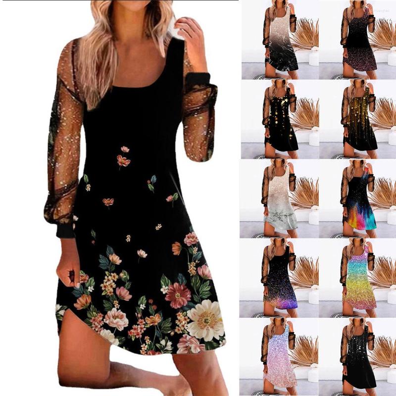 

Casual Dresses Fashion 2023 Spring Summer Women' Clothing Elegant Printed Stitching Mesh Long Sleeve Dress O-Neck Pullover Beach, Floral