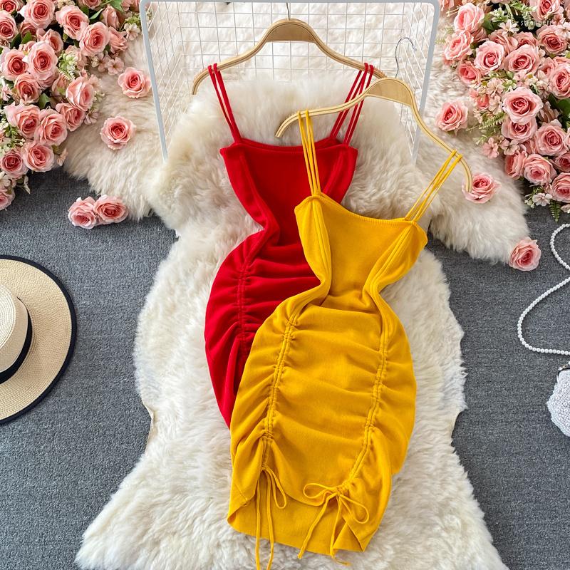 

Casual Dresses Fashion Drawstring Pleated Dress Girl Sexy Sleeveless Bodycon Slip Summer Elastic Knitted Camisole For Women, Black