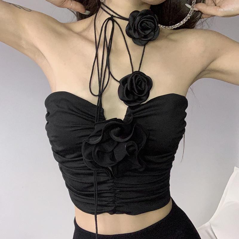 

Women' Tanks Sexy Halter Top Camisole 2023 Summer Women Wild Slim Solid Black Rose Crop Y2K Female Streetwear Nightclub Wear