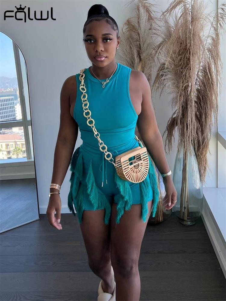 

Women's Two Piece Pants FQLWL Summer Clothes Streetwear 2 Two Peice Sets Women Outfits Sleeveless Crop Top Women Tassel Shorts Green Black Matching Sets 230316, White