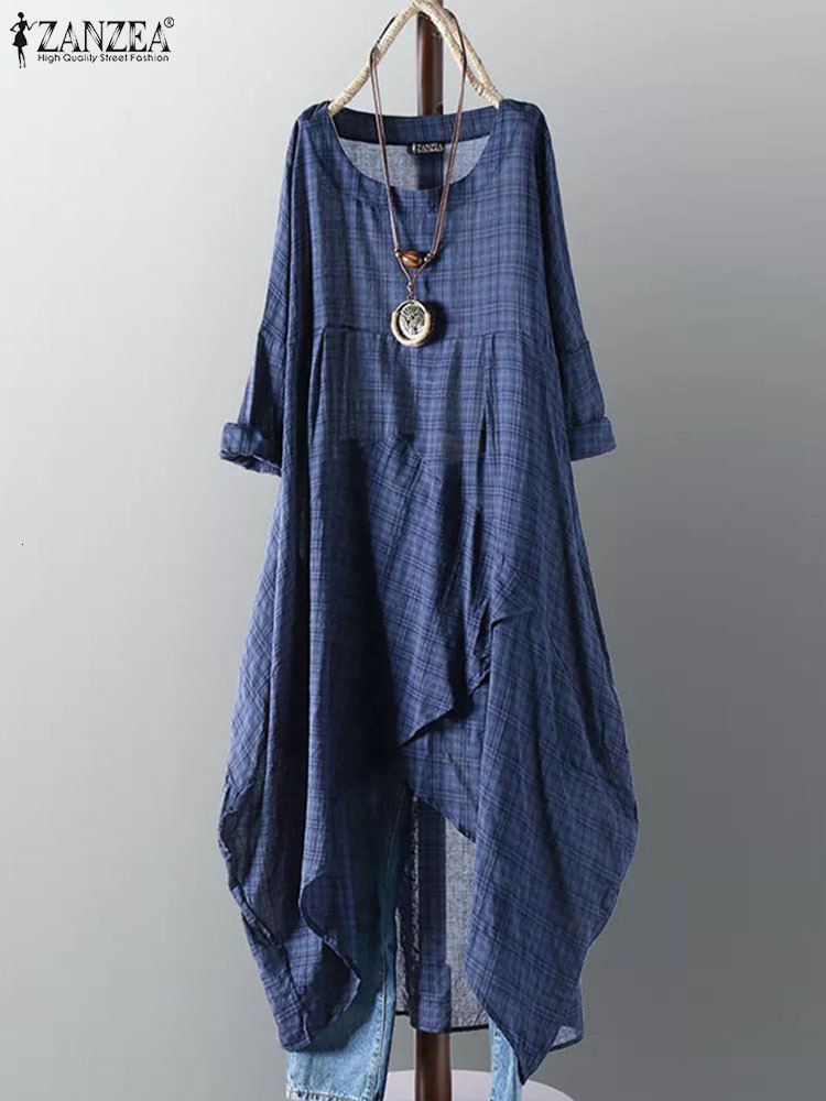 

Casual Dresses ZANZEA Summer Plaid Checked Dress Women Vintage Asymmetrical Hem Sundress Female Mujer Dress Vestidos Robe Femme 230316, Dark blue