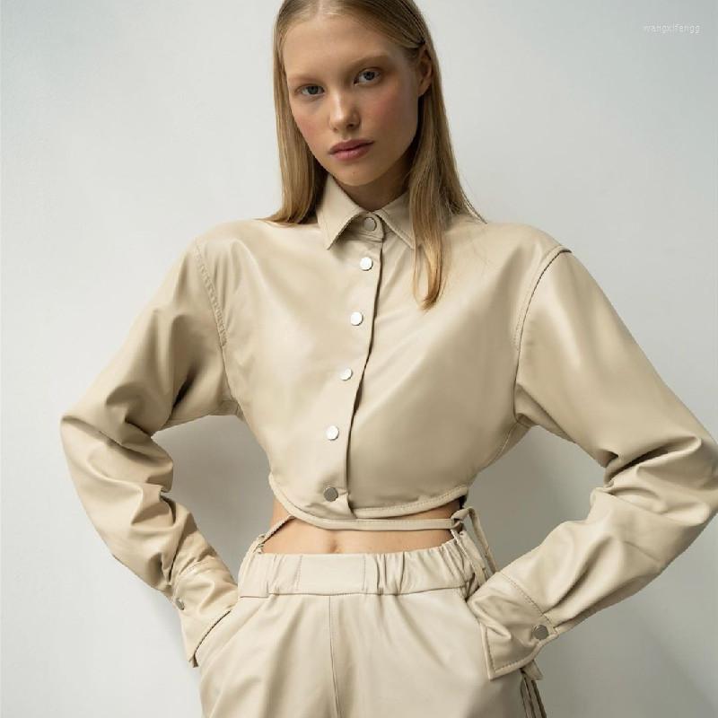 

Women' T Shirts 2023 Autumn -Selling Women' Hong Kong-Style Retro Lapels Breasted Pu Fashionable Fitted Long Sleeve Top, Black