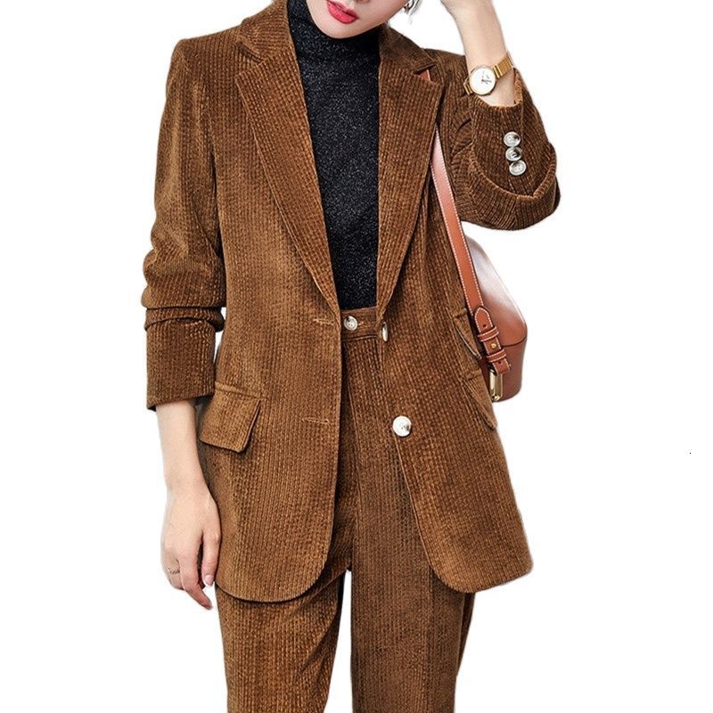 

Women's Suits Blazers Latest Brown Corduroy Notched Lapel Single Breasted Slim Fit Tailor-made Women Cotton In Suits For Business Formal Occasion Wear 230316, As picture