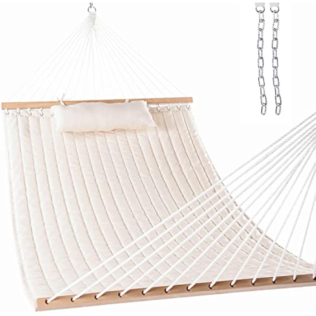 

Double Quilted Fabric Hammock with Spreader Bars and Detachable Pillow 2 Person Hammock for Outdoor Patio Backyard Poolside 450 LBS Weight Capacity fold out chair