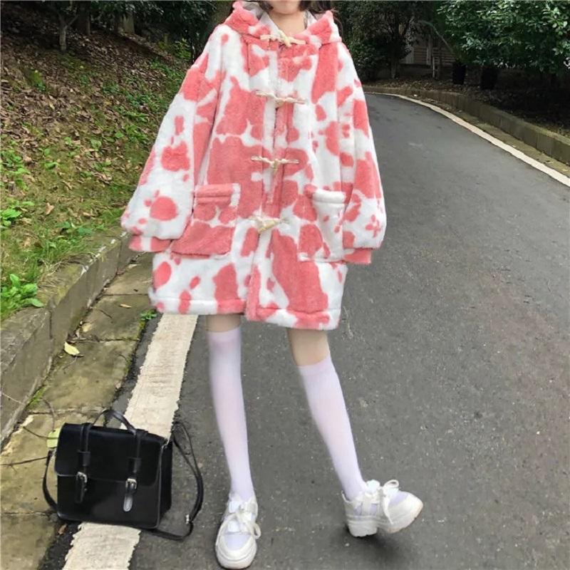 

Women's Down & Parkas Oversized Pockets Loose Plus Fleece Printed Jacket Size Park Coat Clothes Kawaii Sweet Long-sleeved Streetwear Y2kWome, Pink