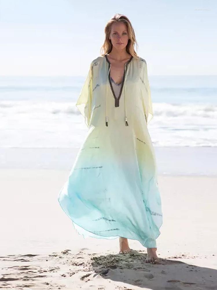 

Women's Swimwear Tie Dye Beach Outfits Printed Chiffon Bikini Cover Ups For Women Robe De Plate Swimming Suits Maxi Dresses Beachwear, Blue beach cover up