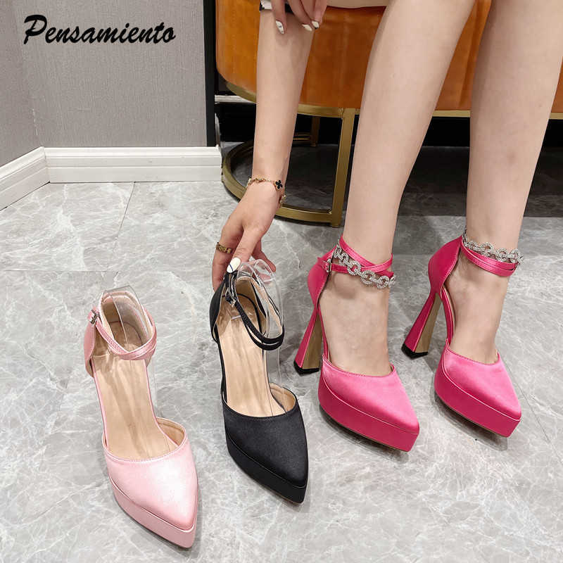 

slippers Fashion Brand Satin Platform Wedges Women Pumps Ankle strap Crystal Chains High heels Spring Summer Female Casual Chunky Shoes, Black