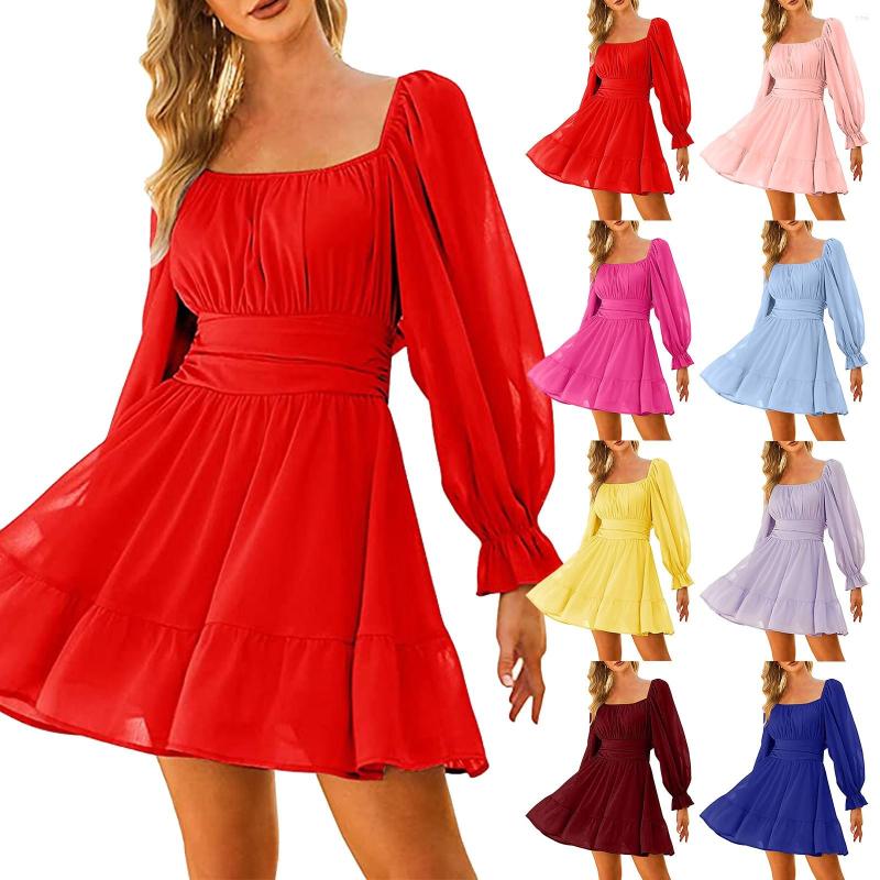 

Casual Dresses Peach Women Women's Long Sleeve Square Neck Frilled Backless Slim Mid Length Chiffon Dress For Summer, Blue