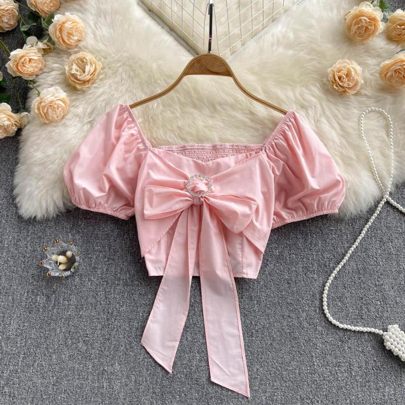 

Women's Blouses 2023 Summer Boho Women Korean Chic Bow Puff Sleeve Crop Top Female Shirts Vintage Office Lady Sweet Blusas Mujer, Yellow