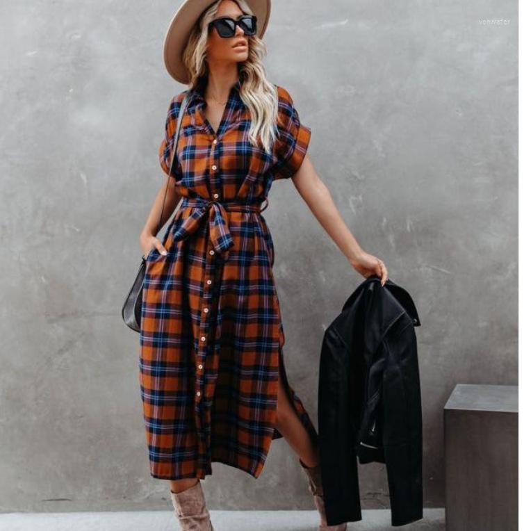 

Casual Dresses Women Front Pockets Midi Dress Turn-Down Collar Plaid Short Sleeve Sashes Shirt 2023 Summer Streetwear Robe Femme, The picture color
