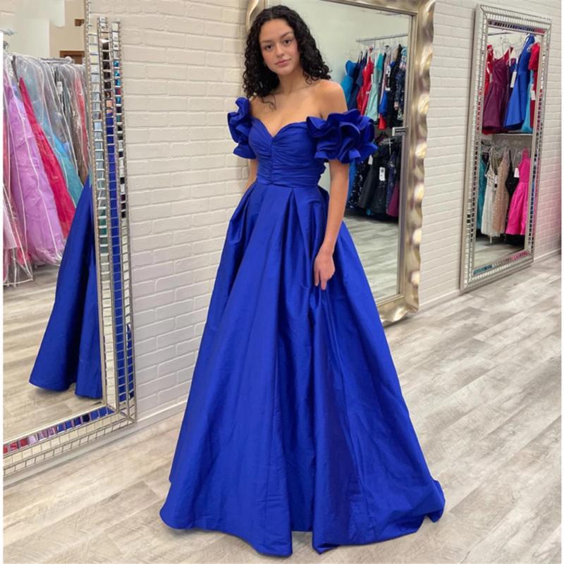 

Party Dresses Simple Royal Blue Evening Dress Off The Shoulder A Line Ruffles Satin Prom Sweep Train Formal Gowns Pageant, Champagne
