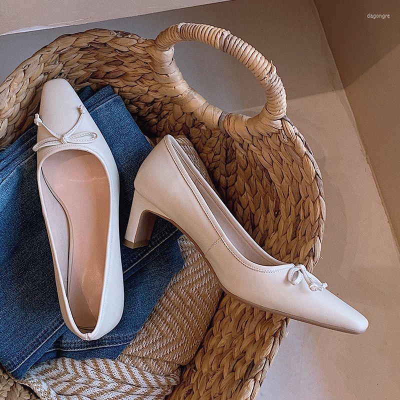 

Dress Shoes Style Small Square Head Thick Heel High Metal Buckle Bow Single Solid Color Fashion Women's, White
