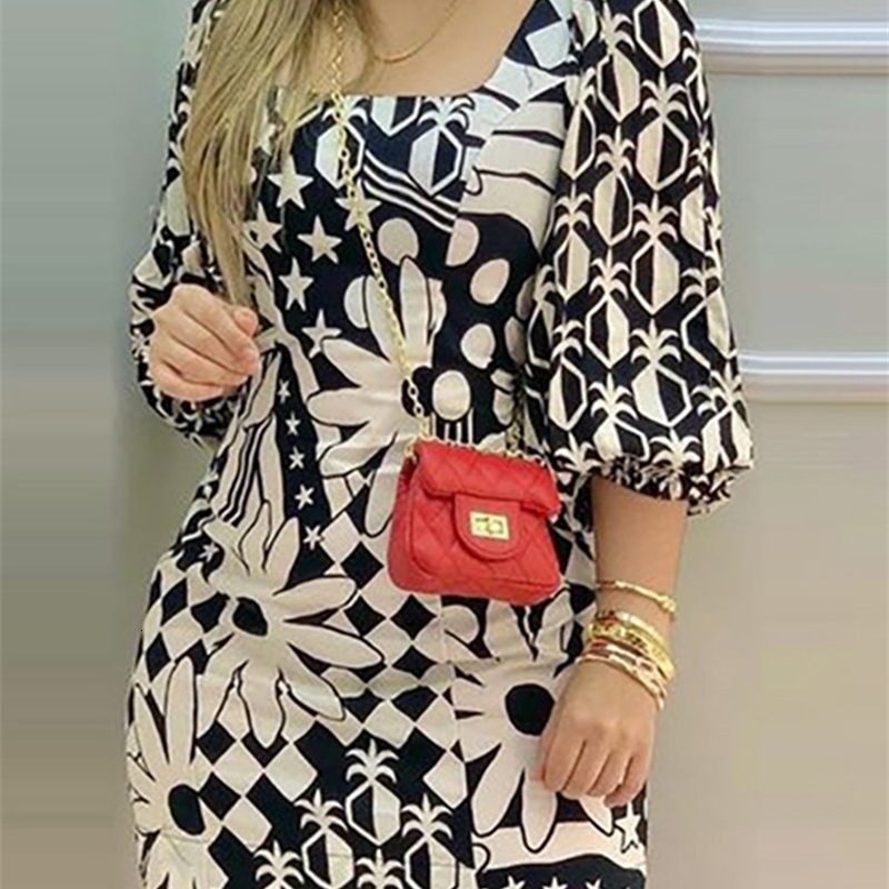 

Casual Dresses Floral Print Lantern Sleeve Casual Dress Women Square Neck Mini Dress 230316, Black