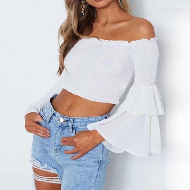 

Women' T Shirts Sweet Ruffle Flare Sleeve White Black Blouse Elegant Off Shoulder Streetwear Chiffon Shirt Women Fashion Crop Top Feamle, Red