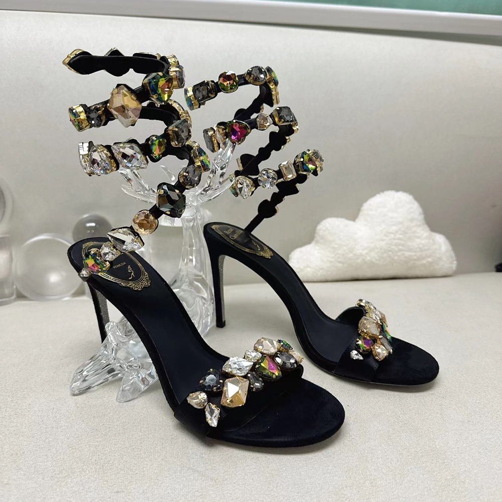 

Rene Crystal lamp Snake Strass Sandals Women's Large grain crystal decoration high sandals Luxury Designers Ankle Wraparound shoe for women factory footwear, Customize 2#