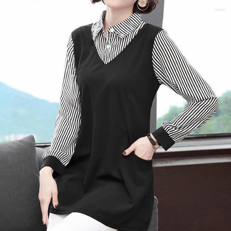 

Women's Blouses Autumn Korean Elegant Striped Print Patchwork Fake 2 Piece Blouse Women Casual Lapel Shirts Long Sleeve Loose Tunic Ladies, Black