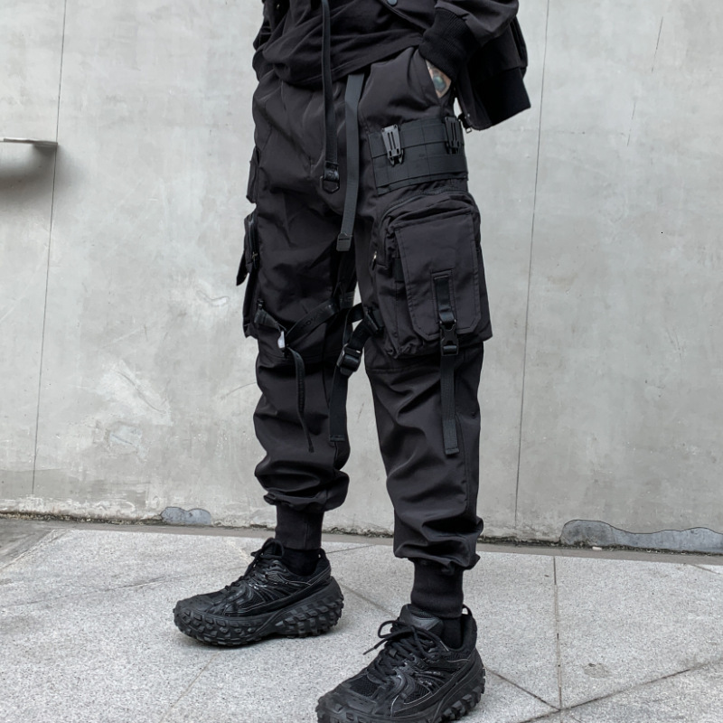 

Men's Pants Multi-pockets Ribbons Bandage Tactical Techwear Cargo Pants Mens Harajuku Punk Hip Hop Joggers Pantalons Casual Streetwear 230316, Black
