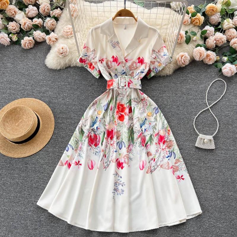 

Casual Dresses Summer Suit Collar Temperament Celebrity Waist Printing Chiffon Dress Female Short-sleeved Sweet Pleated Fairy, White