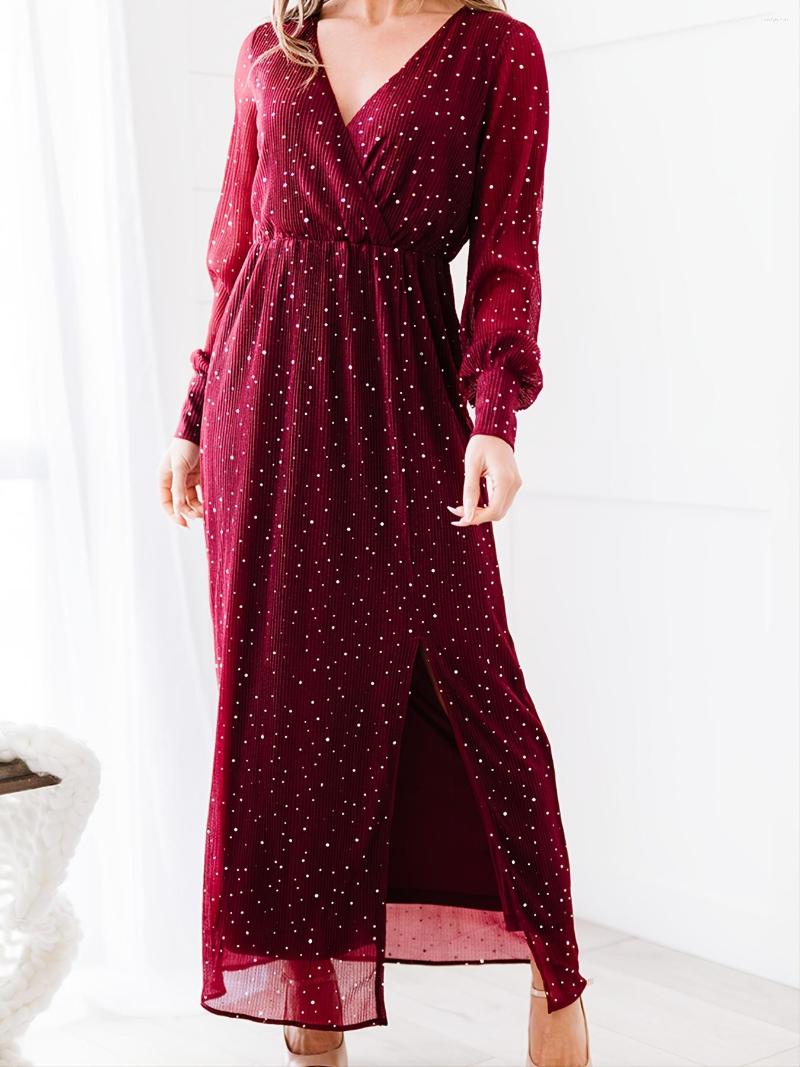 

Casual Dresses Women's Red Deep V Neck Long Sleeve Slit