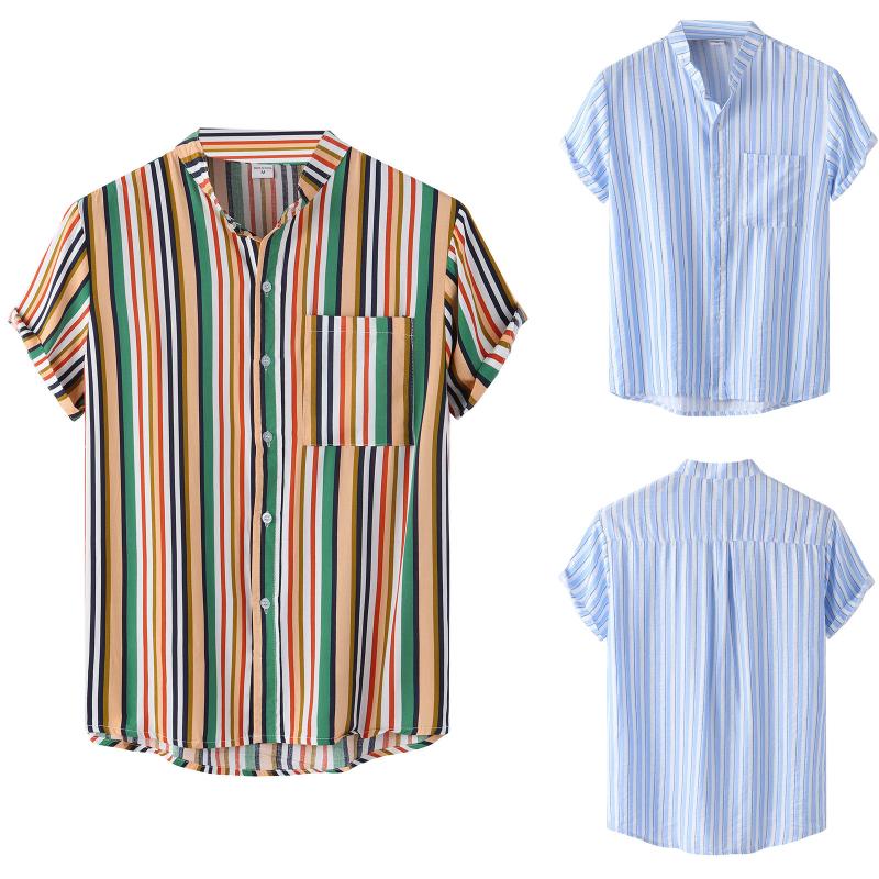 

Men's Casual Shirts Stripe Print Shirt Short Sleeve Single Breasted Stand Collar Striped Brand Streetwear, Gn