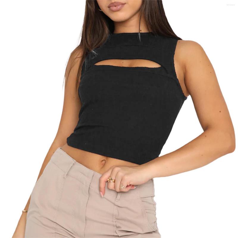 

Women' Tanks Women' Summer Slim Vest Solid Color Knitting Ribbed Sleeveless Round Neck Front Cutout Camisole Clubwear, Black