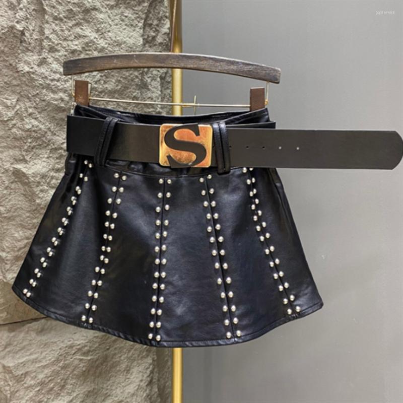

Skirts Riveted PU Leather Skirt Spring And Autumn 2023 High-waisted Spice Girl A-line Women, Black