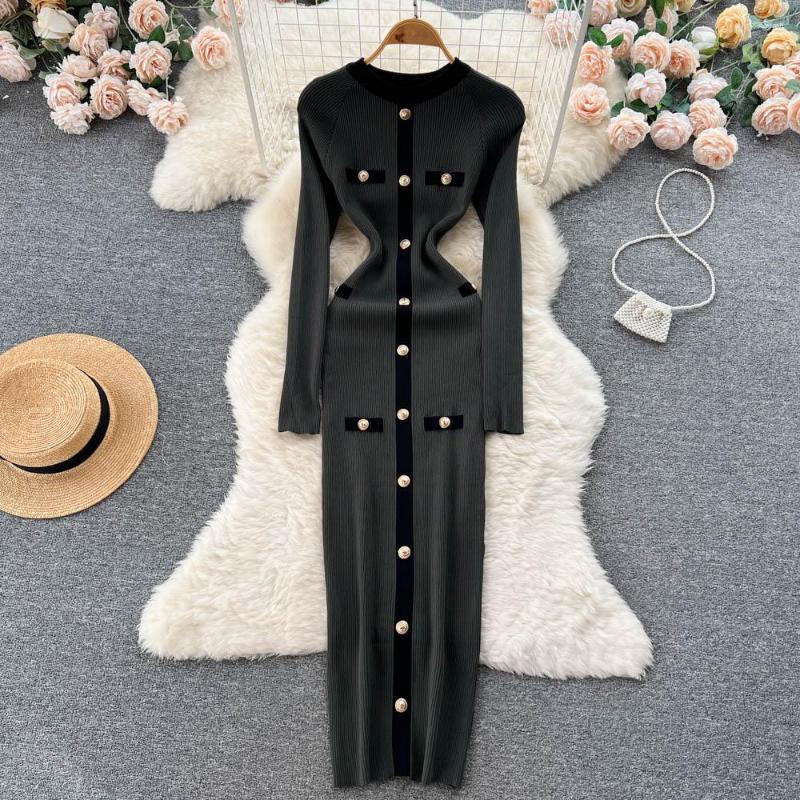 

Casual Dresses Slim Button Autumn Patchwork Bodycon Knitted Cotton Sweater Long Dress Winter Party Women Elegant Sheath Tunic Vestidos, Khaki