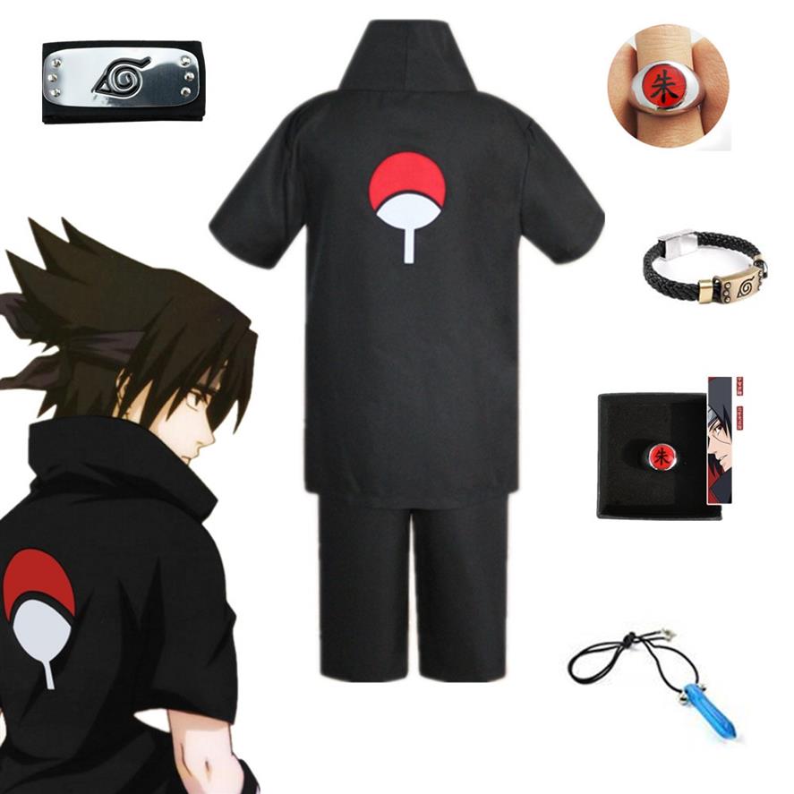 

Halloween Unisex Japan Anime Naruto Black Uchiha Sasuke Cosplay Party Costume Short Sleeve Shirt Shorts Headband Full Set282N