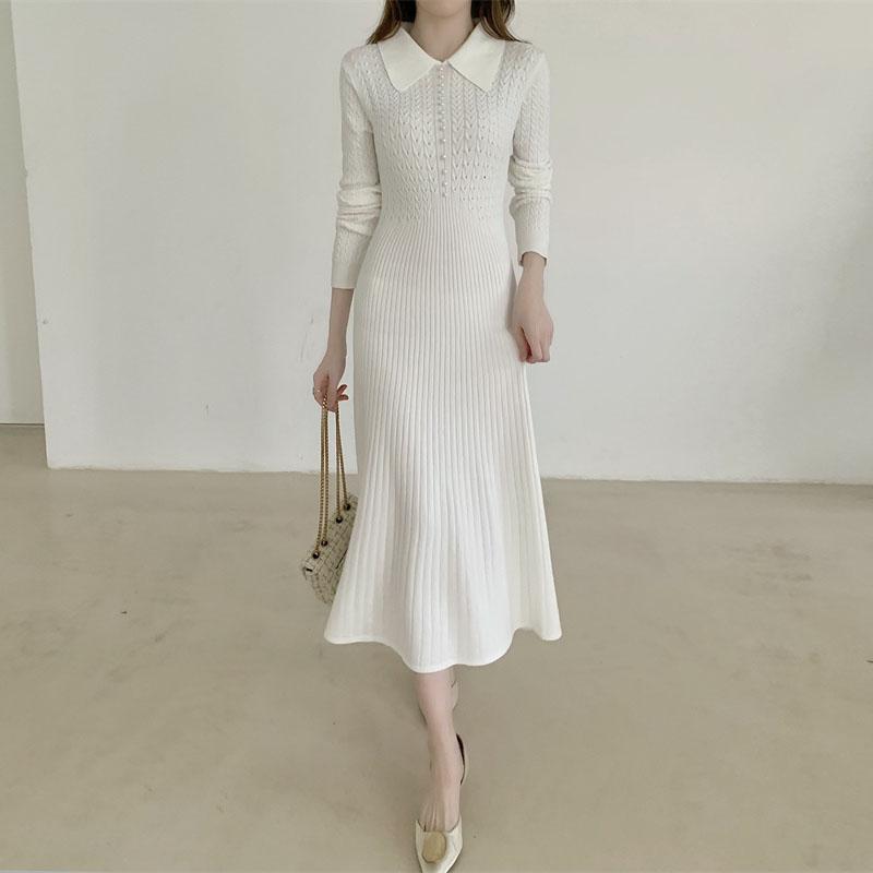 

Casual Dresses Autumn Winter Women Slim Was Thin Knit 2023 Vintage Female Long Sleeve High Waist Solid Color Sweater Office, Black