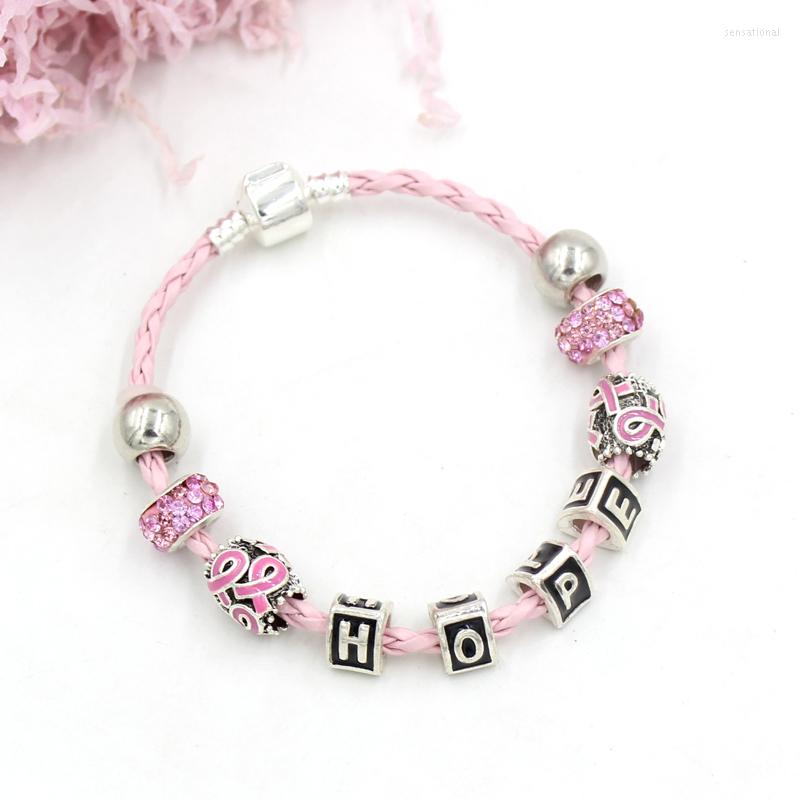 

Strand 10PCS Awareness Jewelry PU Pink Leather Rope With Ribbon Bead Hope Breast Cancer Bracelets Bangles For Women Pulsera