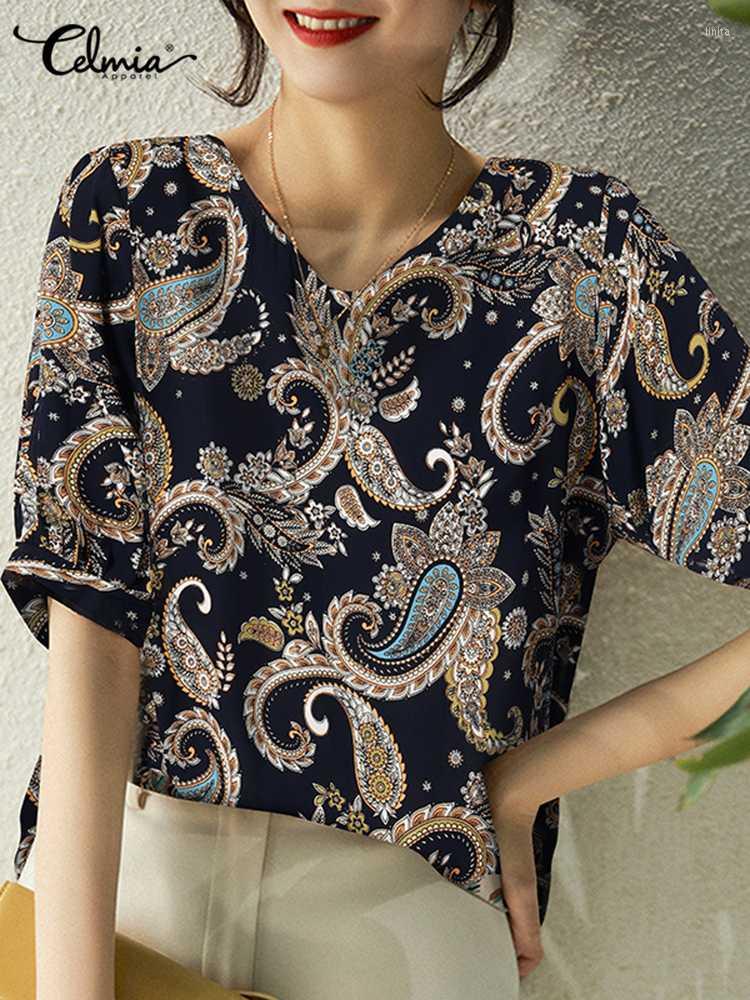 

Women' Blouses Celmia Fashion Puff Short Sleeve Tops Plant Printed Women Vintage Korean Blusas Casual O Neck Lady Summer Oversize Tunic, White