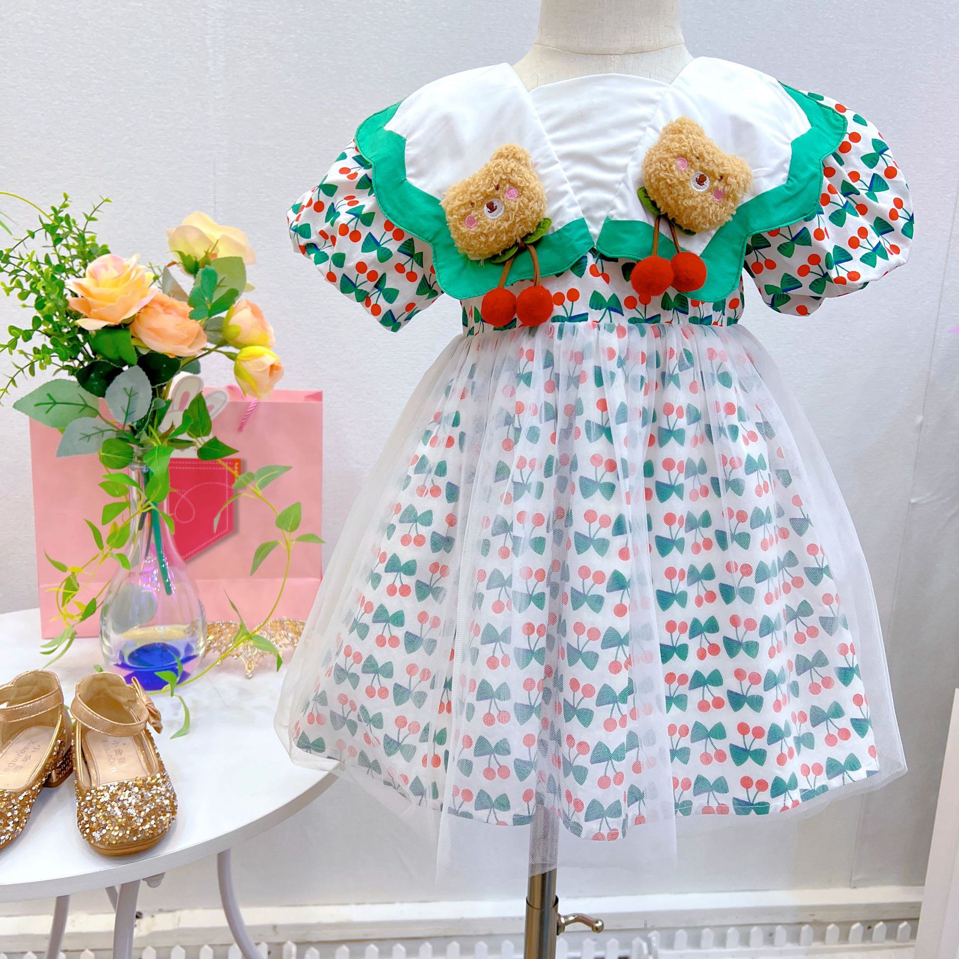 

Toddler Kids Girls Cherry Dress Summer Baby Girl Clothes Princess Party Dresses 2-7Y, White