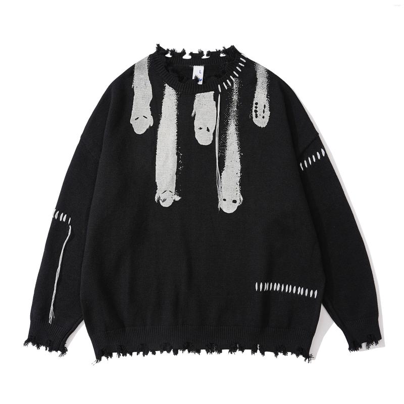 

Men' Sweaters JAYKOO 2023 Knit Sweater Pullover Irregular Pattern Destroyed Hole Knitwear Streetwear Gothic Loose Vintage Torn, Black