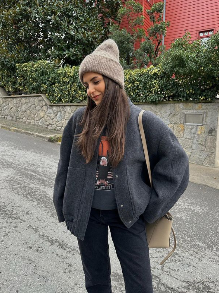 

Women  Jackets RR2311 wool blends bombers jackets oversized With Button Solid Long Sleeve Top Coat Casual Loose Winter Warm Woman traf 230316, Black