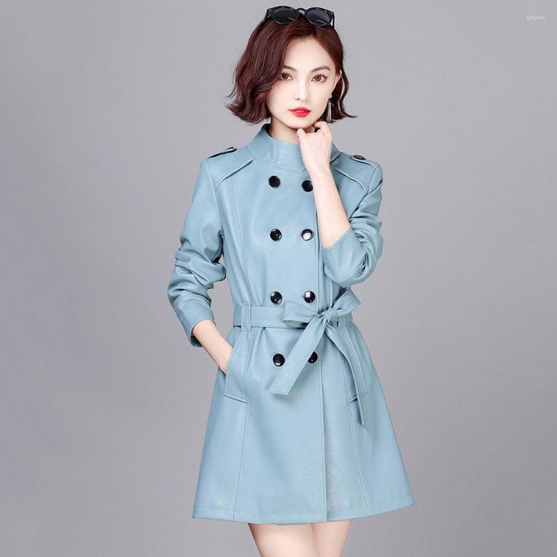 

Women's Leather Women Sheep Trench Coat Spring Autumn Casual Fashion Stand Collar Belt Slim Medium Long Split Female, Beige yellow