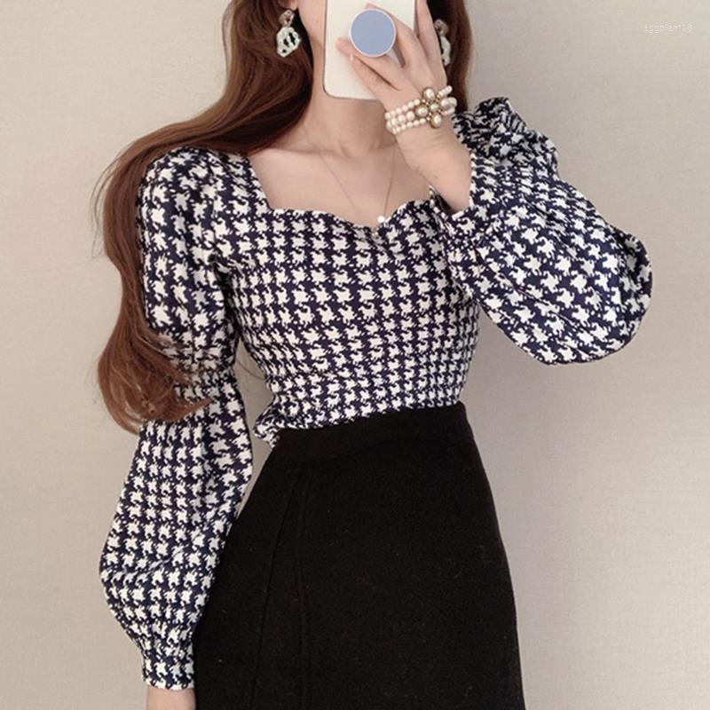 

Women's Blouses Korean Square Collar Clavicle Exposed Slim Blouse Women Vintage Fashion Houndstooth Plaid Blusas Lady Lantern Long Sleeve, Navy plaid