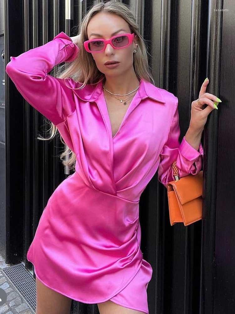 

Casual Dresses Boho Inspired NEON PINK SHORT SATIN DRESS Collared Shirt Women Gathered Detail Chic Ladies Sexy Party, Fuchsia