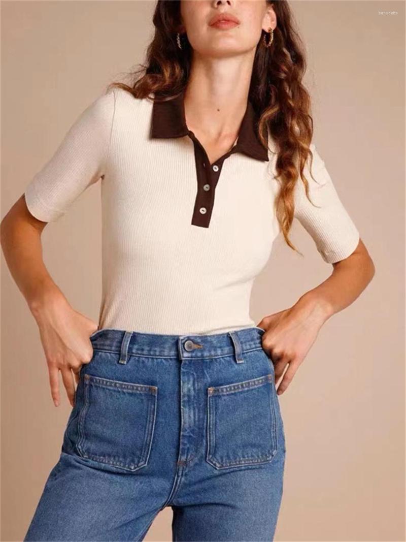 

Women's T Shirts Women Contrast Color Turn-Down Collar T-Shirt Half Open Buttons Short Sleeve Slim Top, Brown