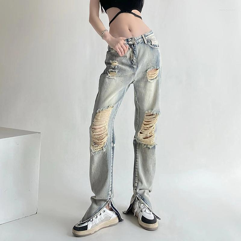 

Women's Jeans Vintage Lengthened Women Straight Personality Ripped Hole Hip Hop Loose Split Zipper Female Torn Trousers Streetwear, Lengthen