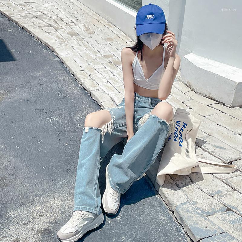 

Women's Jeans Streetwear Straight Denim Pants Ladies High Waist Loose Wide Leg Ripped Y2K Summer Fashionable Women, Blue