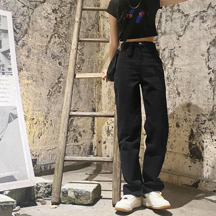 

Women' Jeans Women High Waist BlackJeans Fall Solid Loose All-match Denim Trousers Ladies Simple Basic College Straight Full Length Pants, Black