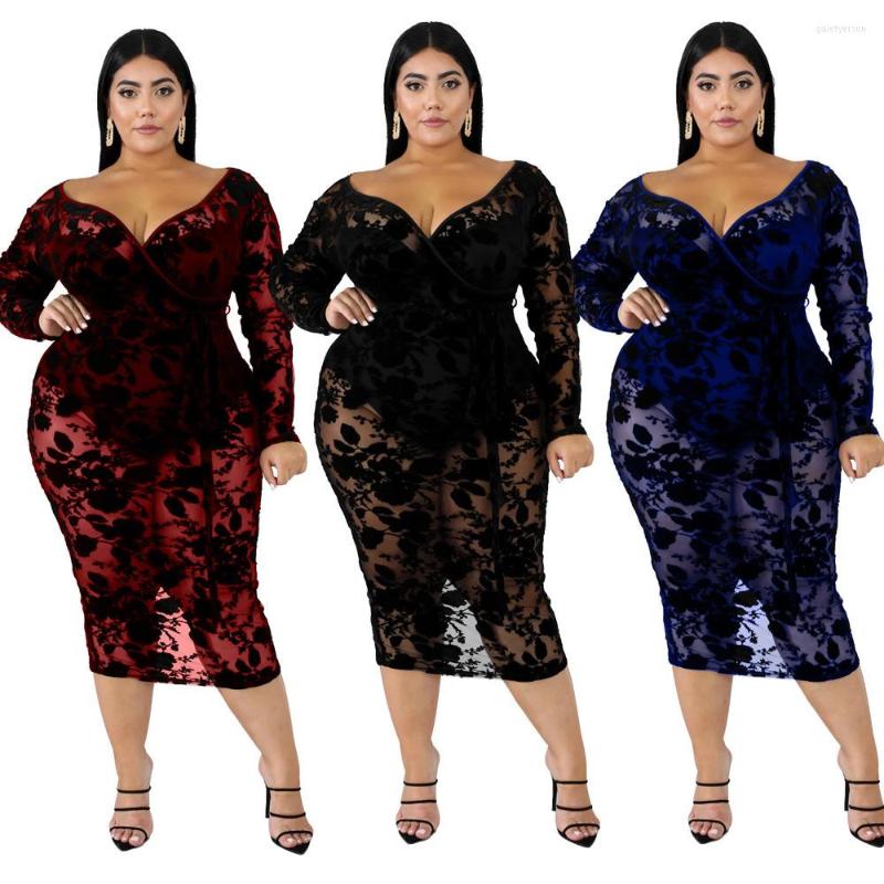 

Casual Dresses Ladies  Dress Fashion Elegant High Waist Transparent Lace V-neck Sexy Feminine Long Skirt Party Prom