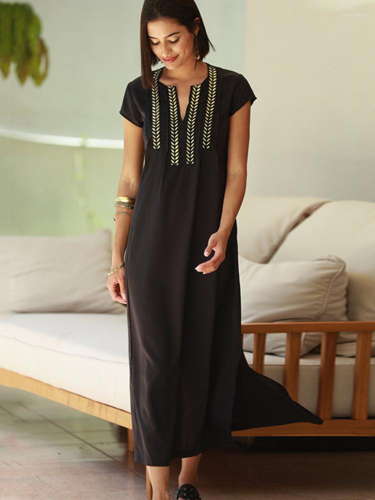 

Women's Swimwear Black Beach Dresses Kaftans For Women Gold Embroideried Tunic Bikini Cover Up Short Sleeve Elegant Robe Bathing Suit, Black beach dress