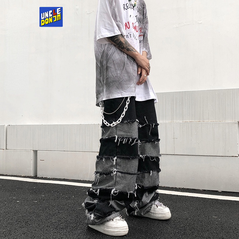

Men's Jeans Tassel Pants Men's Fashion Brand Pendant Wide Leg Hip Hop Lazy Wind Jeans Couple's Pants Loose Jeans Men 230316, Black